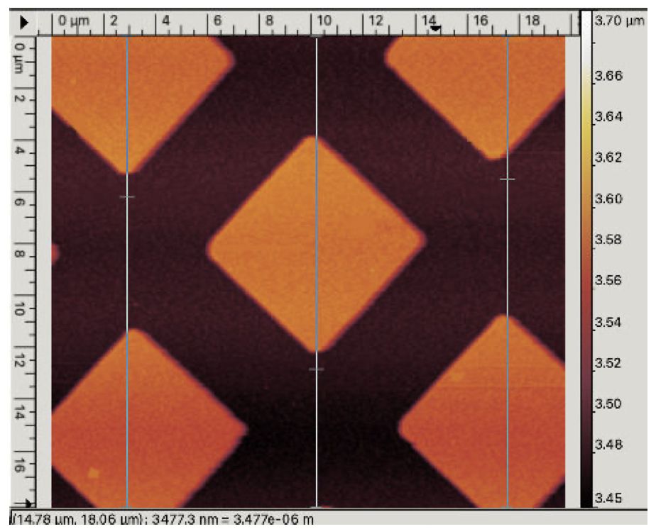 AFM surface-topography image of a patterned calibration sample.